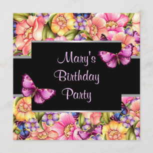 Invitación Flores de mariposa rosa Fiesta de cumpleaños de mu