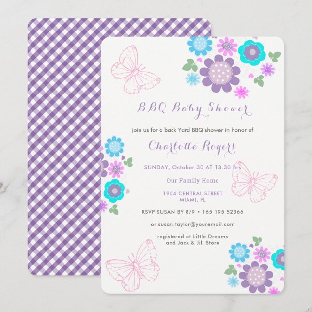 Invitación Flores de mariposa Whimsy BBQ Backyard Baby Shower (Anverso / Reverso)