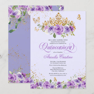 Invitación Flores de mariposa y color púrpura de quinceañera