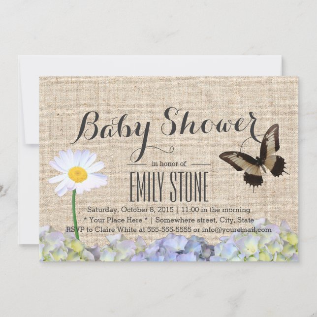 Invitación Flores de mariposa y primavera Burlap Baby Shower (Anverso)