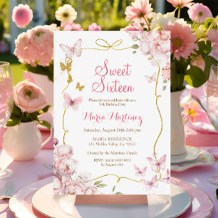 Invitación Flores De Mariposas Con Dulce Purpurina De Oro 16