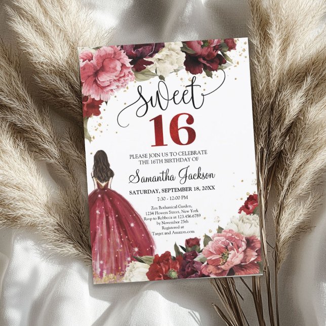 Invitación Flores de marrón borgoña y rubia vestido de prince (Burgundy and blush maroon flowers princess dress invitation)