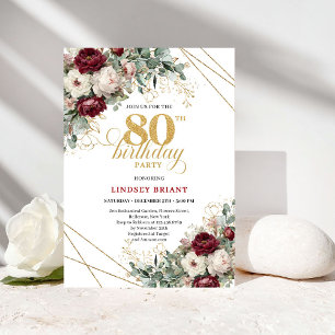 Invitación Flores de Marsala de Borgoña Verdes Cumpleaños 80