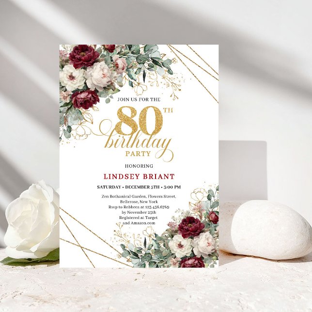 Invitación Flores de Marsala de Borgoña Verdes Cumpleaños 80 (Burgundy Marsala Flowers Greenery 80th Birthday)