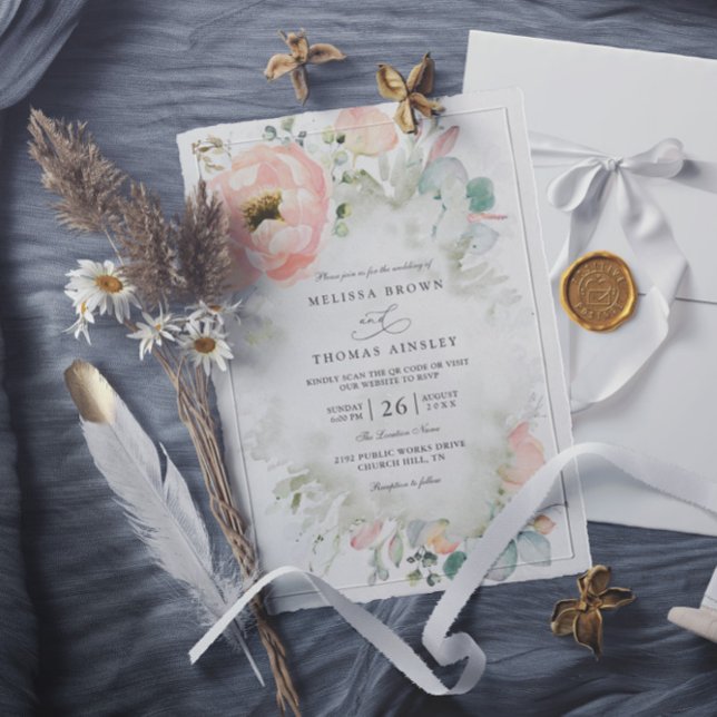 Invitación Flores de melocotón botánicas elegantes boda códig (Subido por el creador)