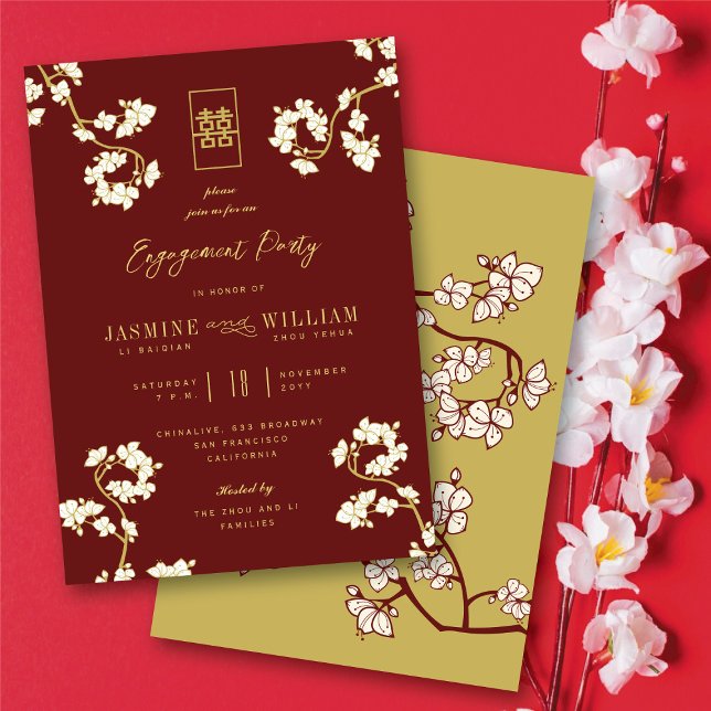 Invitación Flores de melocotón/ciruelo Chic Floral Boda Asiát (Burgundy Red Peach/Plum Blossoms Chic Floral Asian Engagement Party Invitation @ fatfatin_red_knot)