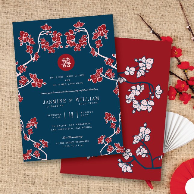 Invitación Flores de melocotón Doble Felicidad Boda China (Red/Navy Peach/Plum Blossoms Double Happiness Elegant Chinese Wedding Invitation @ fatfatin_red_knot)