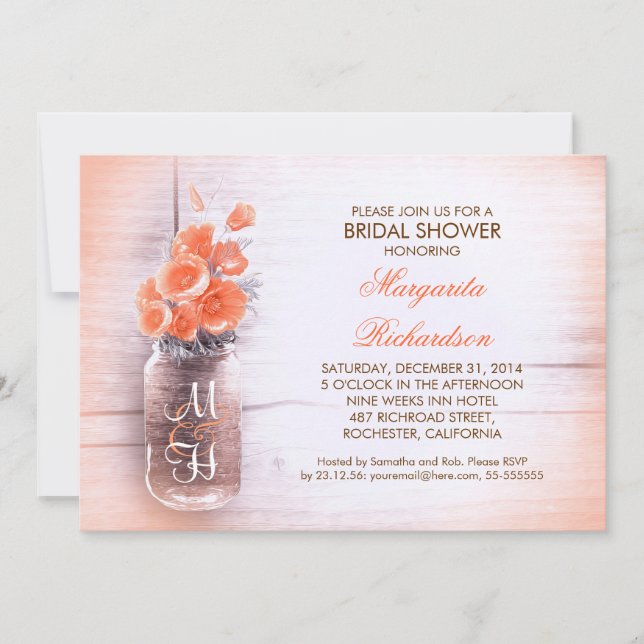 Invitación flores de melocotón elegantes ducha de barro de ma (Anverso)