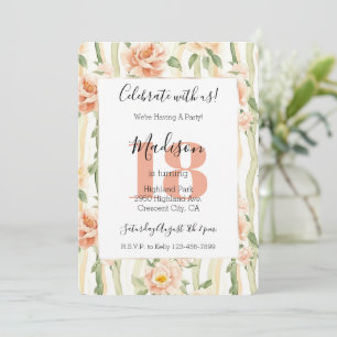 Invitación Flores de Melocotón Rayas Verde Menta 18 Cumpleaño