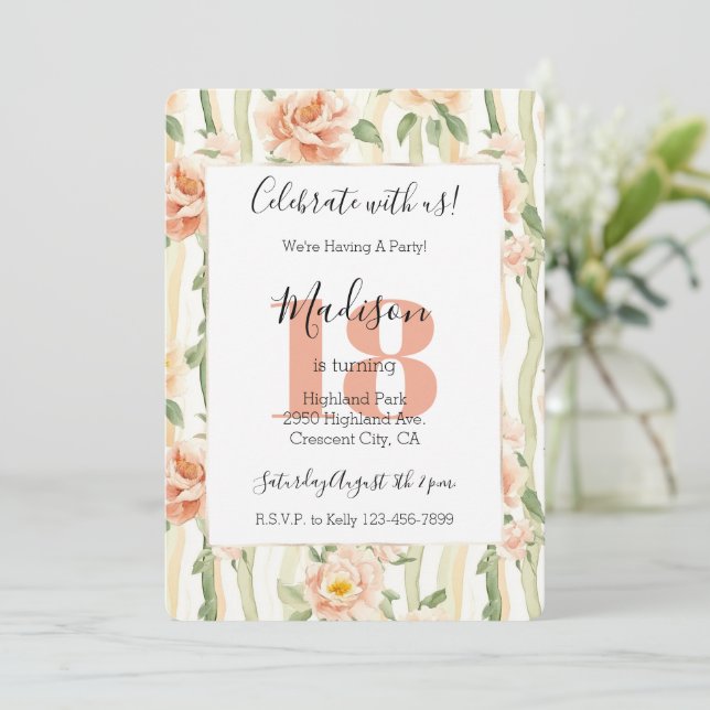 Invitación Flores de Melocotón Rayas Verde Menta 18 Cumpleaño (Anverso de pie)