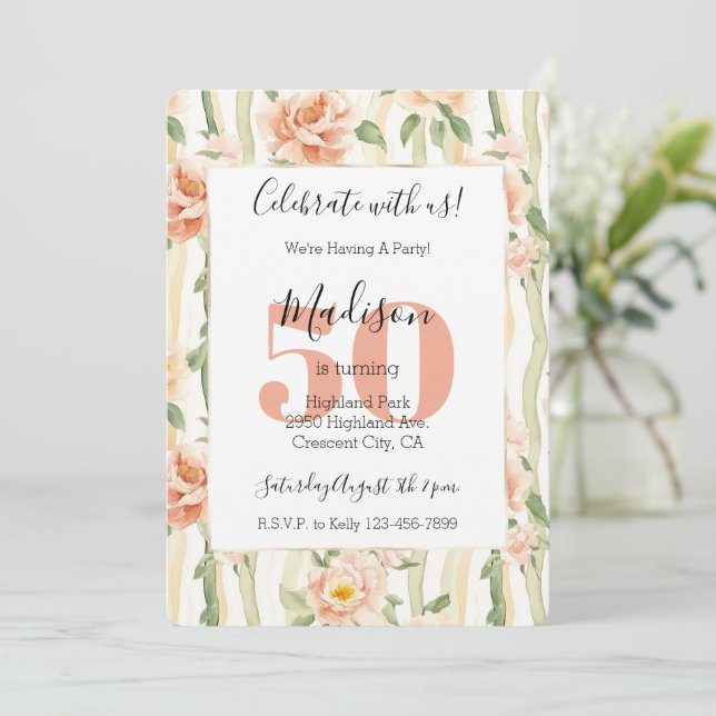 Invitación Flores de Melocotón Rayas Verde Menta 50 Cumpleaño (Anverso de pie)
