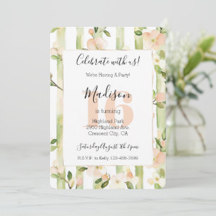Invitación Flores de Melocotón Rayas Verde Menta Cumpleaños 1