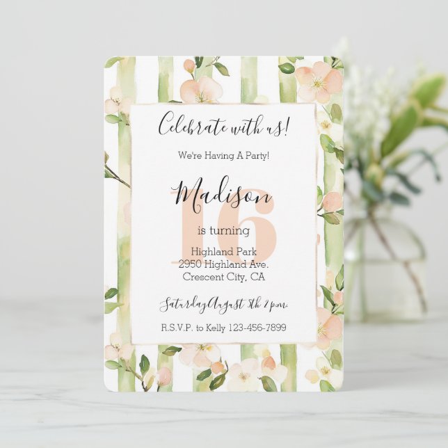 Invitación Flores de Melocotón Rayas Verde Menta Cumpleaños 1 (Anverso de pie)