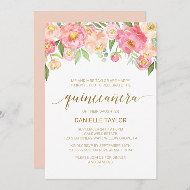 Invitación Flores de melocotón rosa y rosa Quinceanera (Anverso / Reverso)