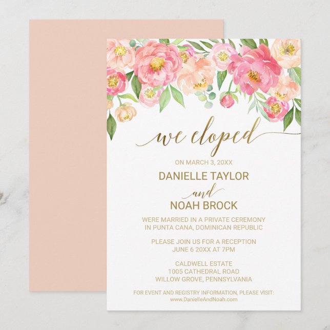 Invitación Flores de Melocotón y Peonía Rosa para Recepción d (Anverso / Reverso)