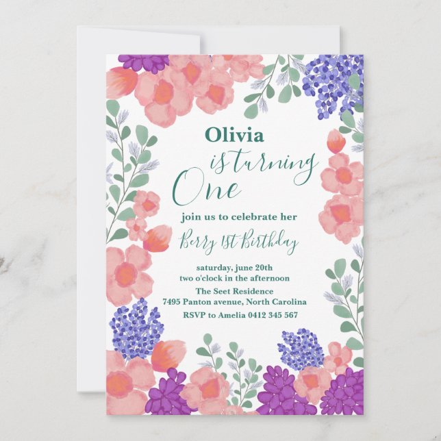 Invitación Flores de menta rosa acuarela Baby Shower botánico (Anverso)