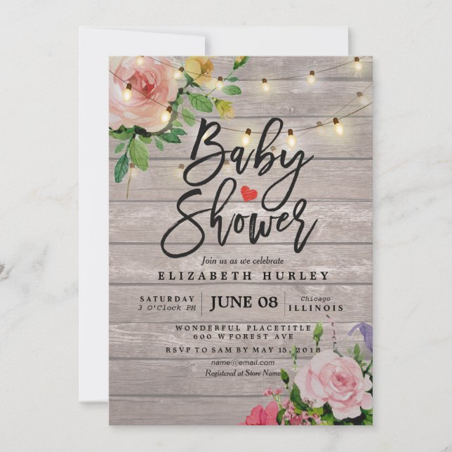 Invitación Flores de Moda Baby Shower Rústicas Iluminaciones  (Anverso)
