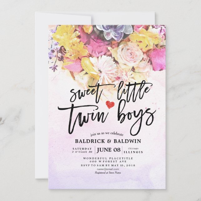 Invitación Flores de moda Baby Shower Sweet Little Twin Boys (Anverso)