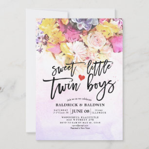 Invitación Flores de moda Baby Shower Sweet Little Twin Boys