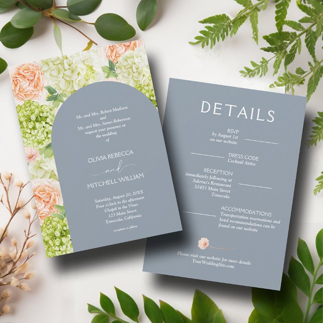 Invitación Flores de moda en un Boda azul oxidado (Chic flowers on misty blue all-in-one wedding invitations - PRINTED and/or INSTANT DOWNLOAD)