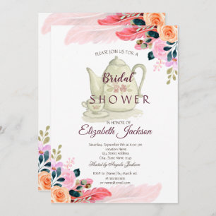 Invitación Flores de moda Feather Teapot Bridal Shower