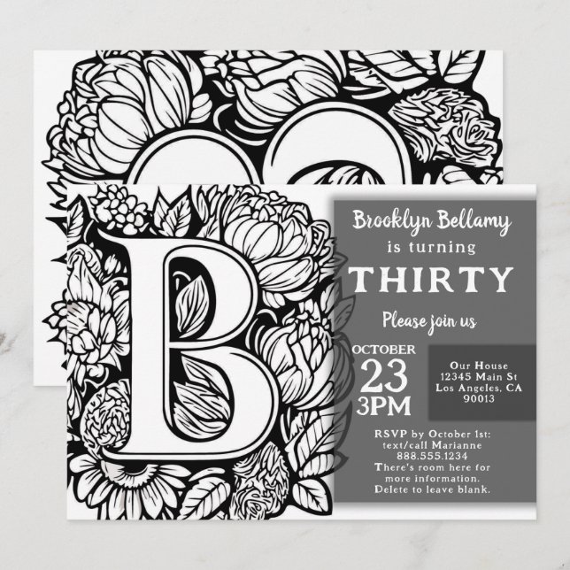 Invitación Flores de mono blanco y negro de tatuaje cumpleaño (Anverso / Reverso)
