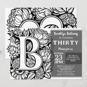 Invitación Flores de mono blanco y negro de tatuaje cumpleaño