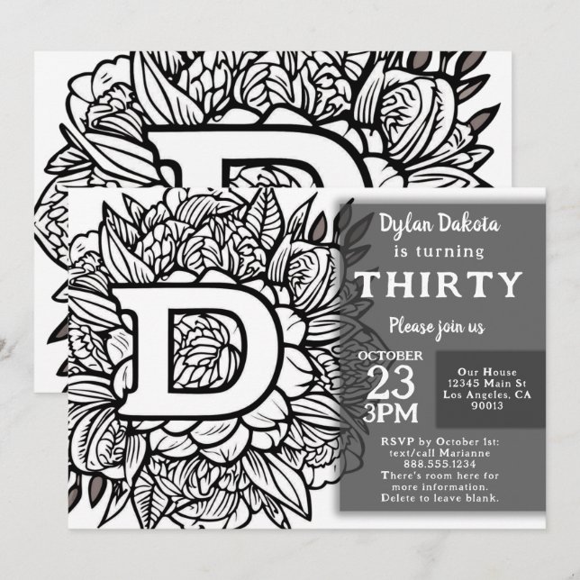 Invitación Flores de mono blanco y negro de tatuaje cumpleaño (Anverso / Reverso)