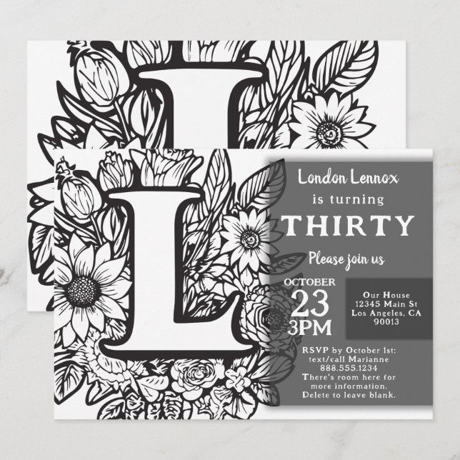Invitación Flores de mono blanco y negro de tatuaje cumpleaño (Anverso / Reverso)