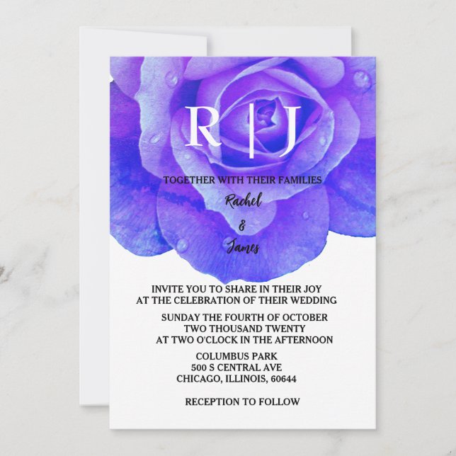 Invitación Flores de Monograma Floral Azul Rosa Elegante Boda (Anverso)