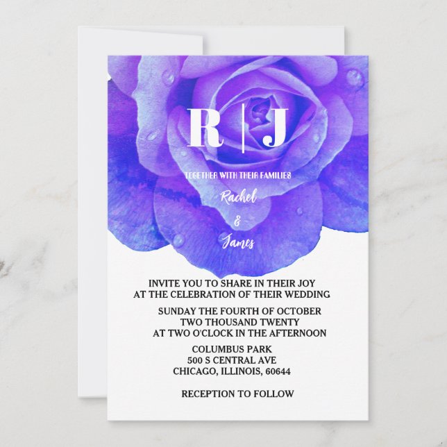 Invitación Flores de Monograma Rosa Floral Azul Boda elegante (Anverso)