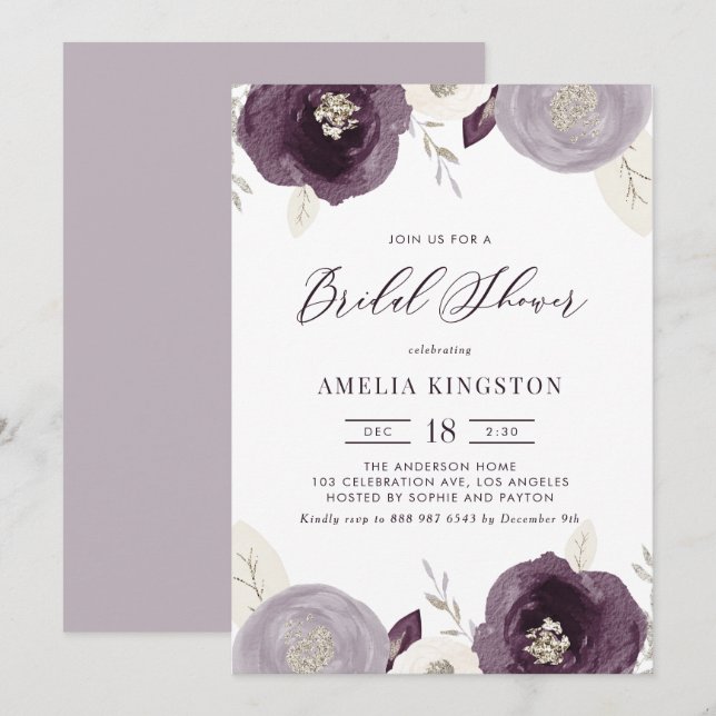 Invitación Flores de morado y marfil, ducha de novia plateada (Anverso / Reverso)
