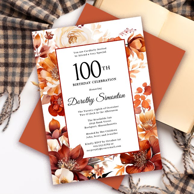 Invitación Flores de Naranja de Terracotta Fall 100 cumpleaño (Need a matching Welcome Sign? Message me!)