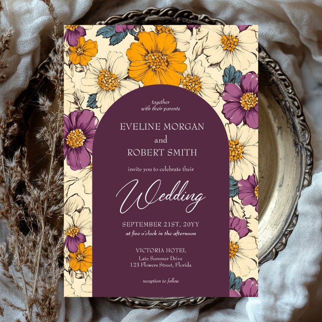 Invitación Flores de naranja y marfil en el arco de Boho (boho arch mauve orange and ivory wild flowers wedding invitation)