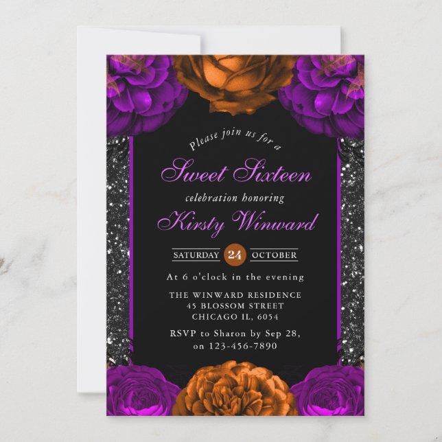 Invitación Flores de naranja y morado Halloween Dulce 16 (Anverso)