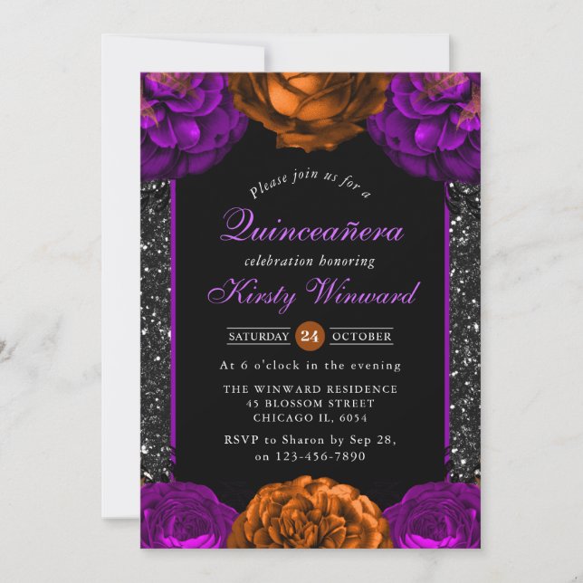 Invitación Flores de naranja y morado Halloween Quinceanera (Anverso)