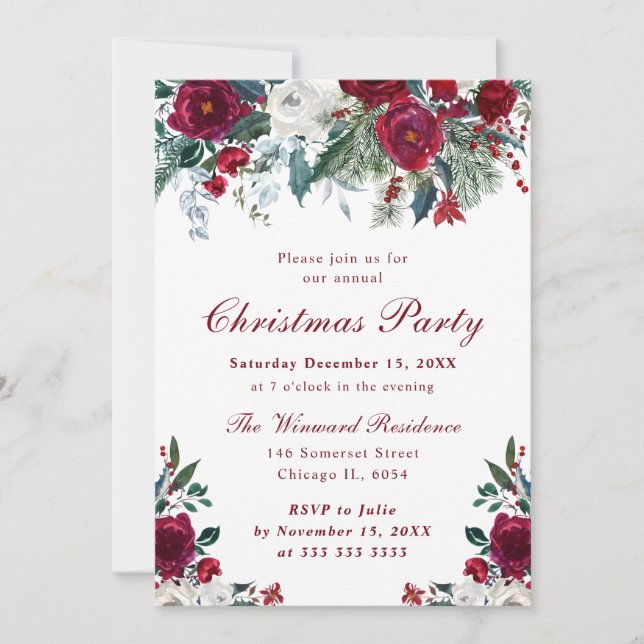 Invitación Flores de Navidad de invierno rojas y blancas a la (Anverso)