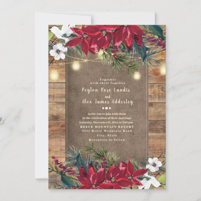 Invitación Flores de Navidad Rojo Rústico Luz Brillante (Anverso)