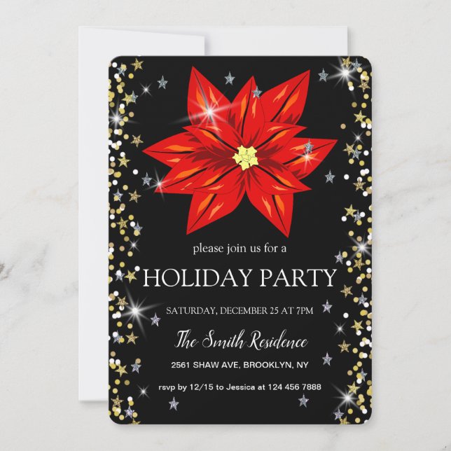 Invitación Flores de Nochebuena de Navidad Diamantes lindos (Anverso)