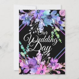 Invitación Flores de nuestro día de boda tipografía púrpura b