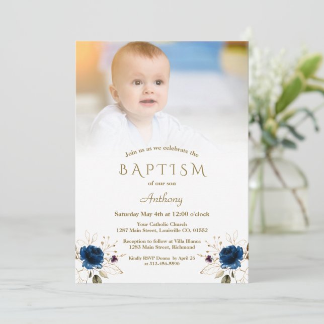 Invitación Flores De Oro Azul Extraño Foto Niño Baptismo Inv (Anverso de pie)
