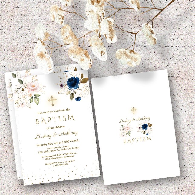 Invitación Flores de oro azul rosado caprichoso bautizan baut (Subido por el creador)