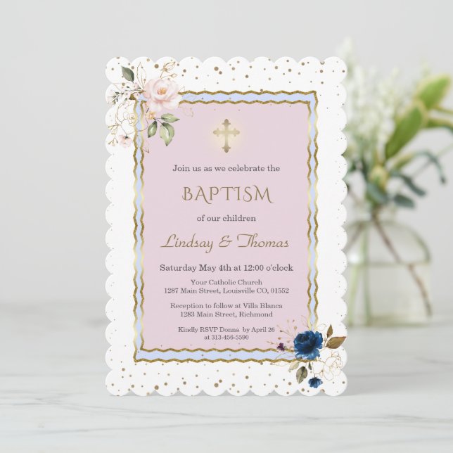 Invitación Flores de oro azul rosado cruzan el bautismo melli (Anverso de pie)