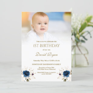 Invitación Flores de oro azules brillantes foto niño primer c