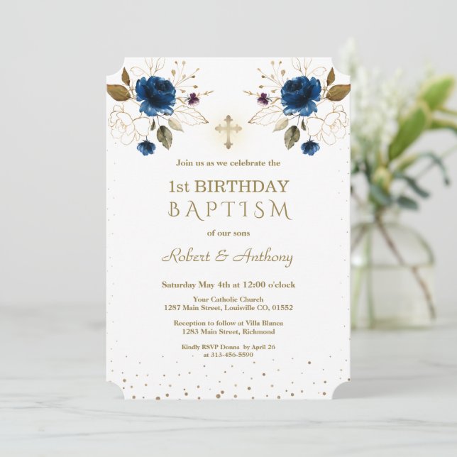 Invitación Flores de oro azules niños gemelos bautizados en s (Anverso de pie)