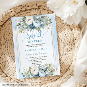 Invitación Flores de oro blanco y azul dulces de cuento de ha