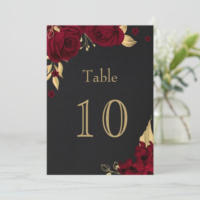 Invitación flores de oro burdeos número de la mesa negra (Anverso de pie)