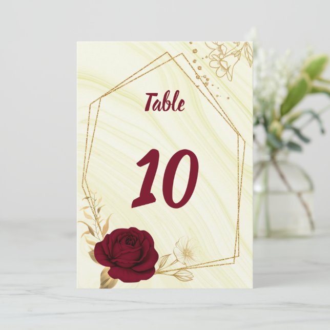 Invitación flores de oro burdeos número de tabla geométrica (Anverso de pie)