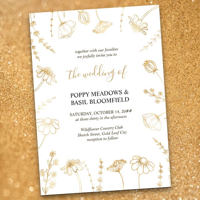 Invitación Flores de oro de sketch de flores silvestres Boda  (Wedding Invitation in White & Gold, from my Wildflower Sketch collection)