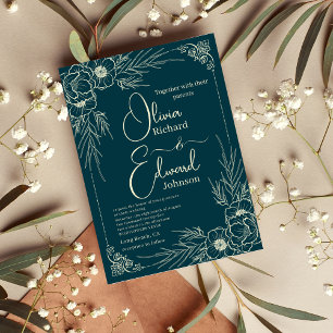 Invitación Flores de oro elegantes dibujadas a mano. Boda